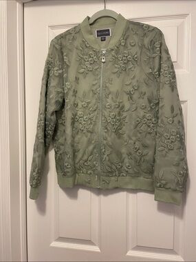 Guillaume Sage Green Floral Embroidered Organza Zip-Up Bomber Jacket NWOT